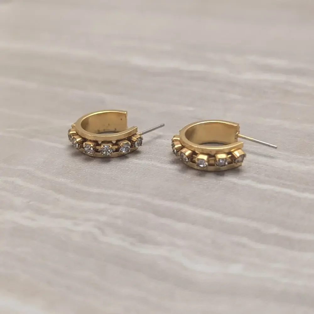 Vintage Stud Earrings Gold Tone Hoops with Clear Gems